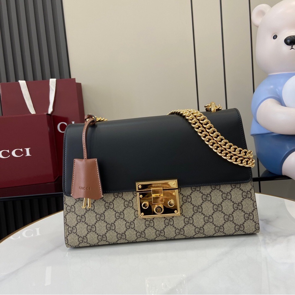 GUCCI Supreme Monogram Calfskin Small Padlock Top Handle Bag Beige Black Cuir